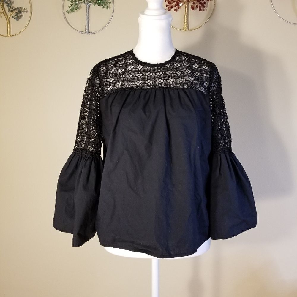 Who What Wear Crochet Lace Blouse with Bell Sleeves Black XS